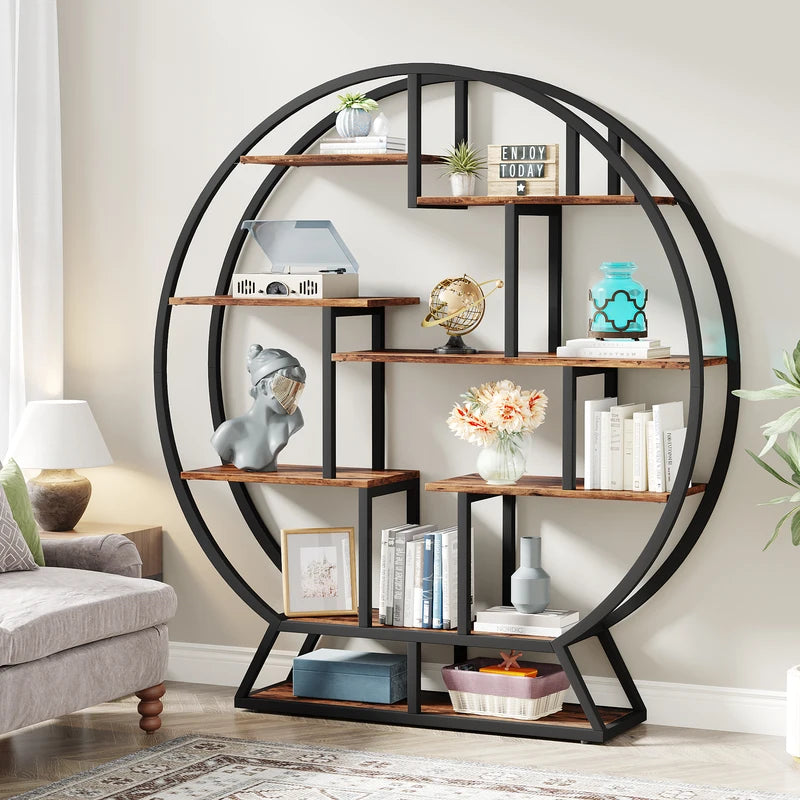 Industrial Round Bookshelf with Staggered Shelves - 63-Inch Wood Bookcase
