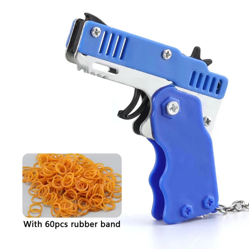 Mini Folding Rubber Band Launcher Toy with Keychain and 60 Rubber Bands - Perfect Gift