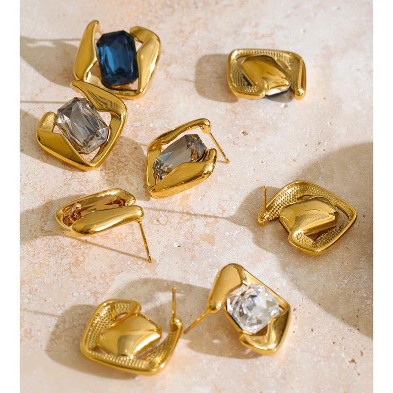 Multi-Color Crystal Square Stud Earrings 16K Gold PVD Plated Jewelry