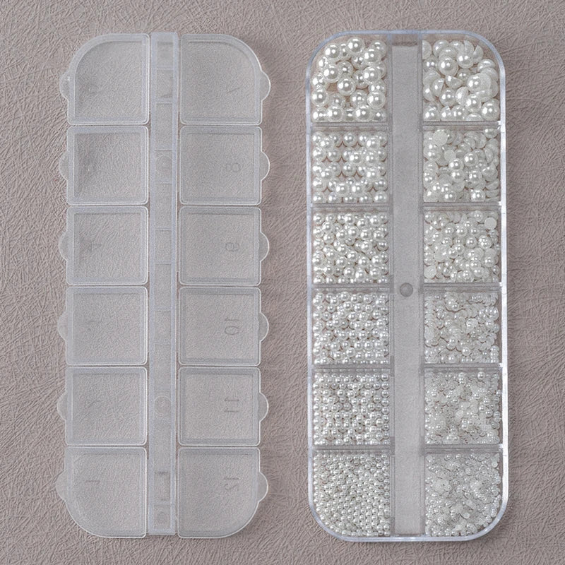 12-Grid Mixed White Pearl Nail Charms for Manicure DIY Jewelry