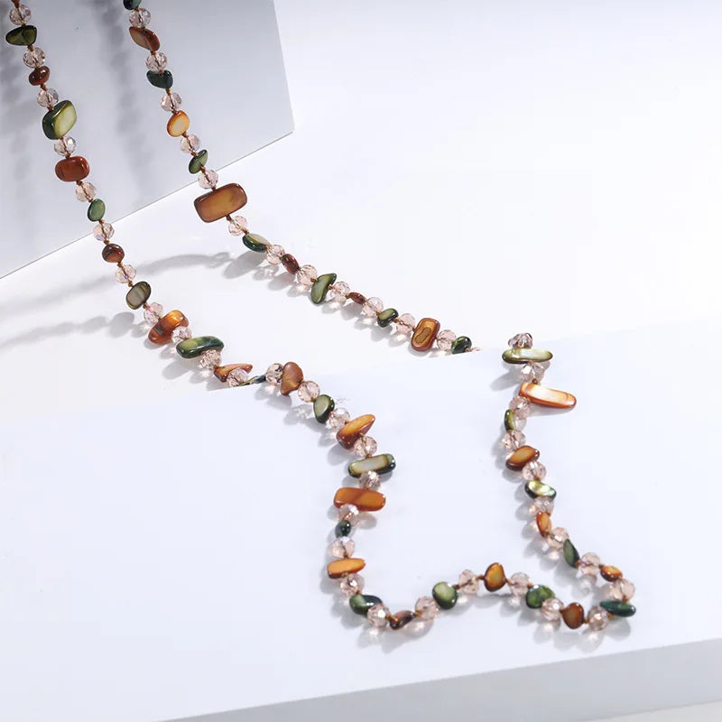 Bohemian Multicolor Natural Stone Shell Crystal Glass Beaded Necklace for Women - Long Strand Sweater Chain