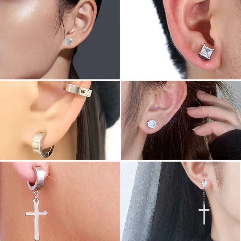 Magnetic Ear Clip Hoops for Men Women - Stainless Steel, Fake & Non-Piercing Jewelry
