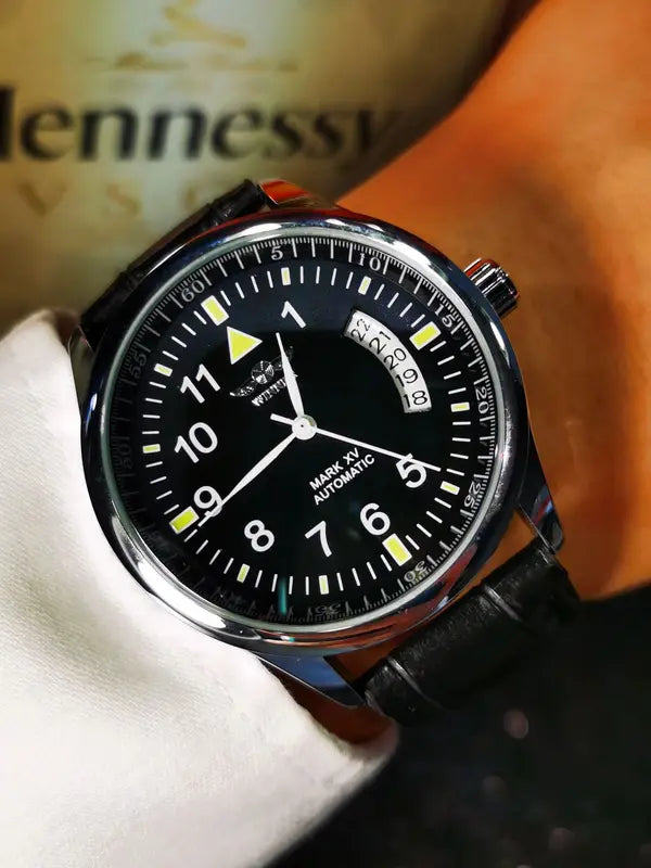 Men's Automatic Mechanical Watch with Leather Strap and Date Function