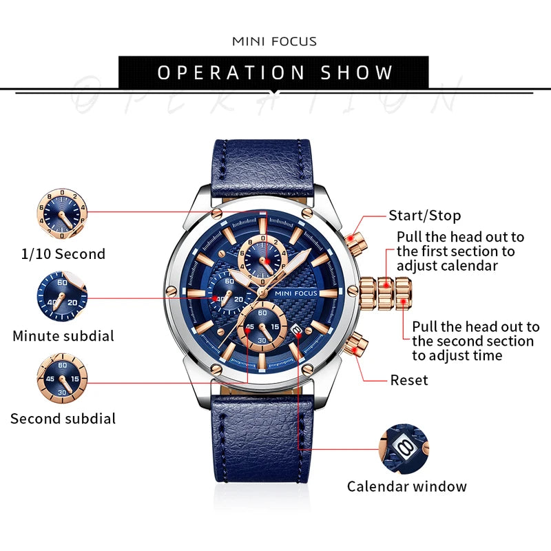 Mini Focus Business Quartz Watch for Men Waterproof Luminous Chronograph Leather Strap