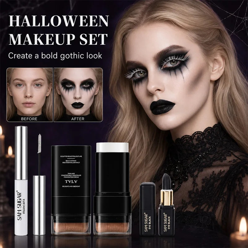 3Pcs Halloween Makeup Kit with Face Paint Mascara & Foundation for Costume Parties