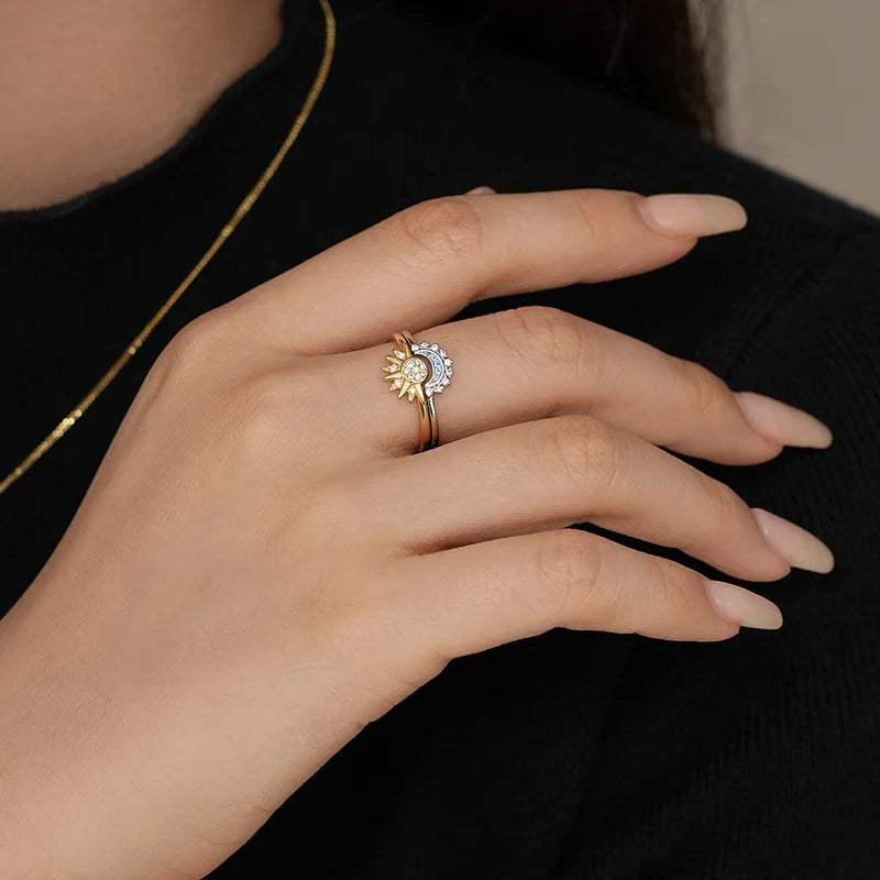 Celestial Sun and Moon Couple Ring Set with Cubic Zirconia - Silver Jewelry for Valentines