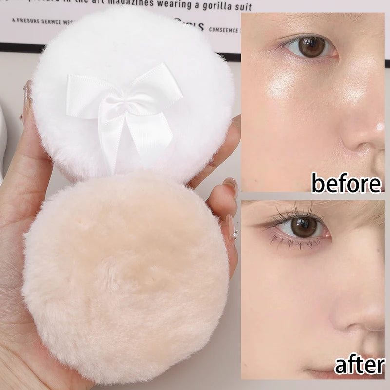 Bow-Shaped Round Plush Makeup Puff - Soft Reusable Face Powder Sponge