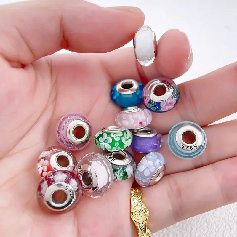 925 Silver Beads Heart Flower Murano Glass DIY Jewelry Charms for Women