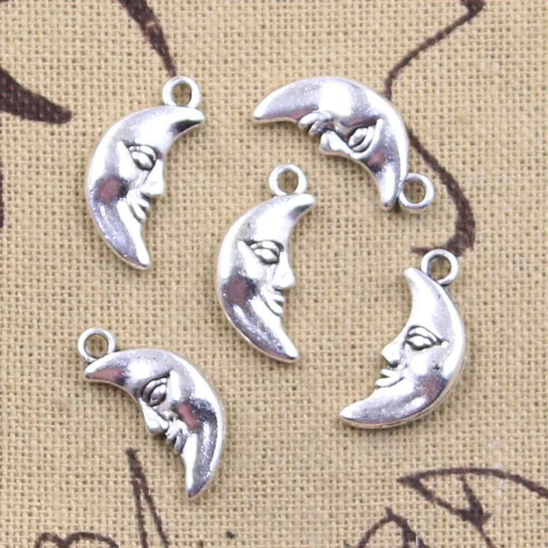 15pcs Moon Face Charms for Jewelry Making - Antique Bronze & Silver Pendants