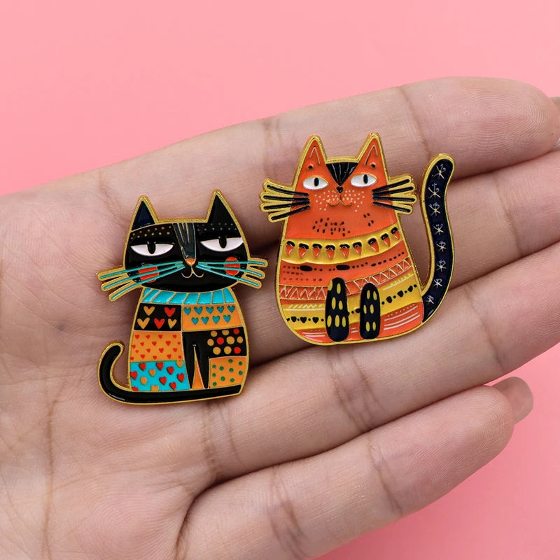 Cute Multi-Style Cat Enamel Pins with Leopard Floral Design - Lapel Brooches for Pet Lovers
