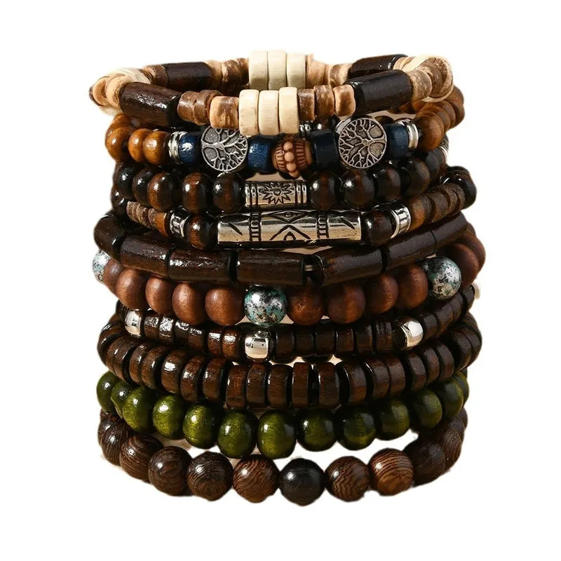 Bohemia Ethnic Beaded Bracelets Set for Men - Multi-Layer Wooden and Life Tree Design