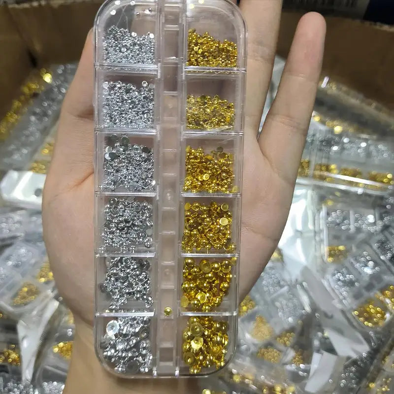12Grids 3D Silver Pearls Nail Charms Mix Sizes Flatback Caviar Beads for Nail Art