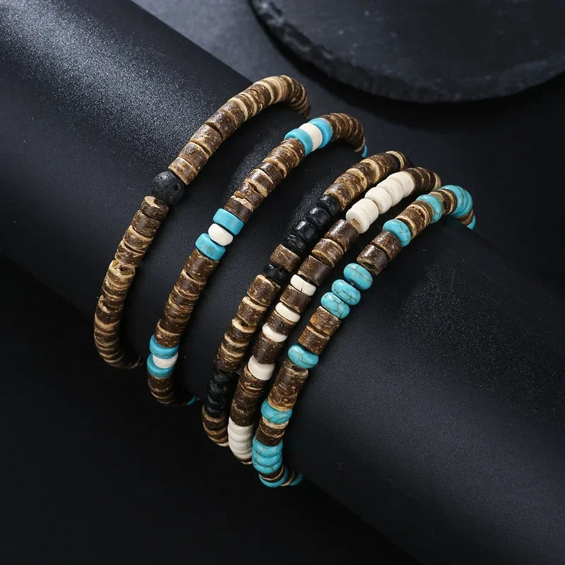 Beaded Wooden Bracelets for Men and Women - Handmade Turquoise & Natural Wood Stretch Jewelry