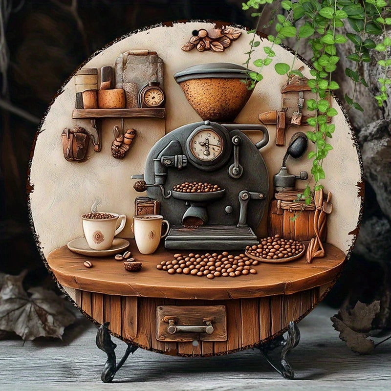 Wooden Hanging Sign - Coffee Maker Theme Wall Decor 8 Inch Round Sign