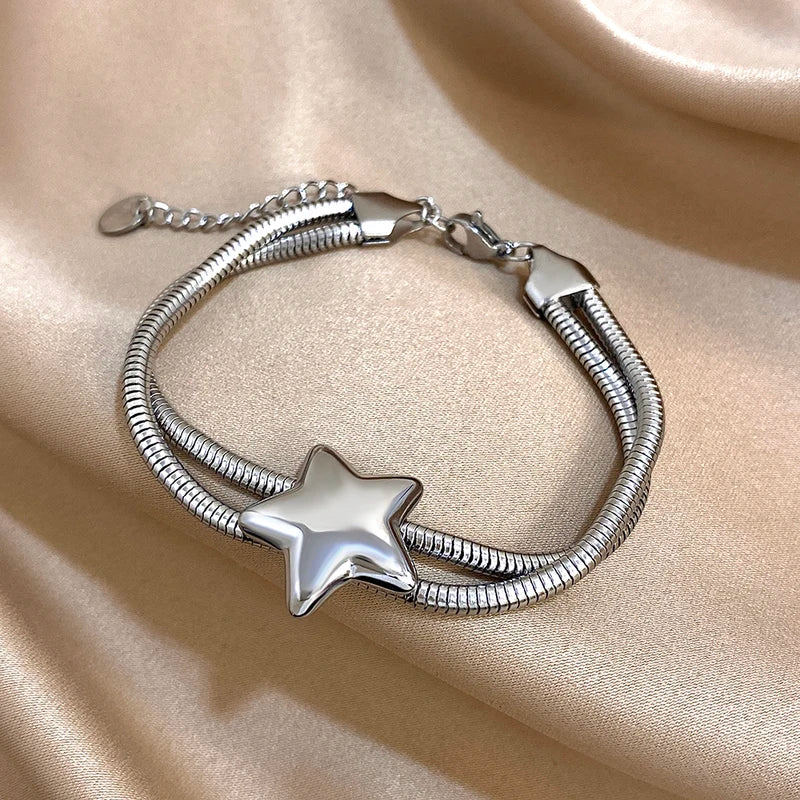 Vintage Double-Layer Stainless Steel Elastic Chain Bracelet with Star Charm - Waterproof Jewelry