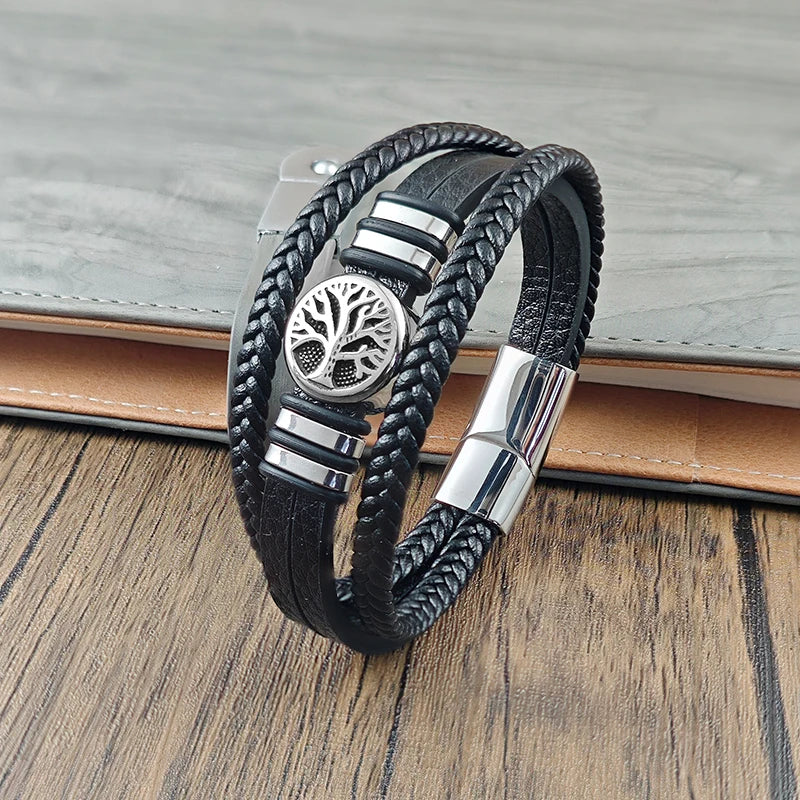 Men's Leather Bracelet with Stainless Steel Charm - Irregular Punk Accessories