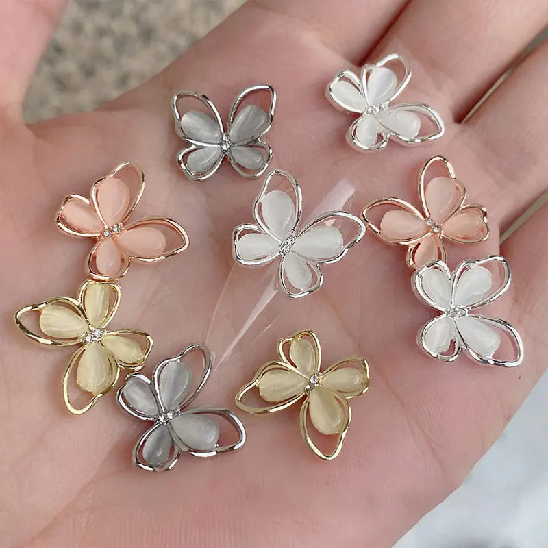 Crystal Butterfly Nail Charms 3D Hollow Cat's Eye Alloy Nail Gems Set
