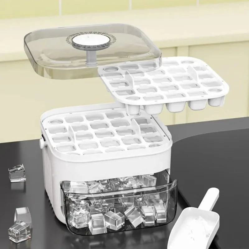Press Type Ice Cube Mold with Lid - Reusable Double-Layer Ice Tray for Freezer