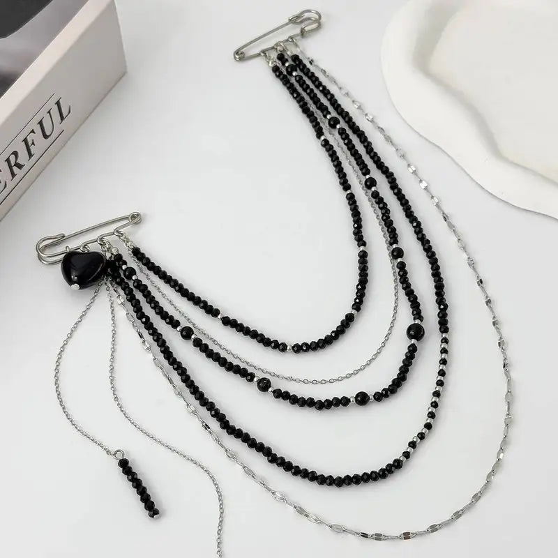 Black Crystal Bead Brooch for Women Multi-Layer Copper Chain Vintage Jewelry