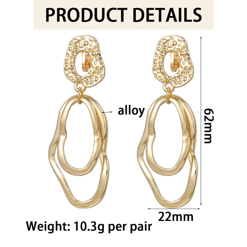 Retro Metal Geometry Irregular Clip-On Earrings for Women Long Hollow Oval Jewelry