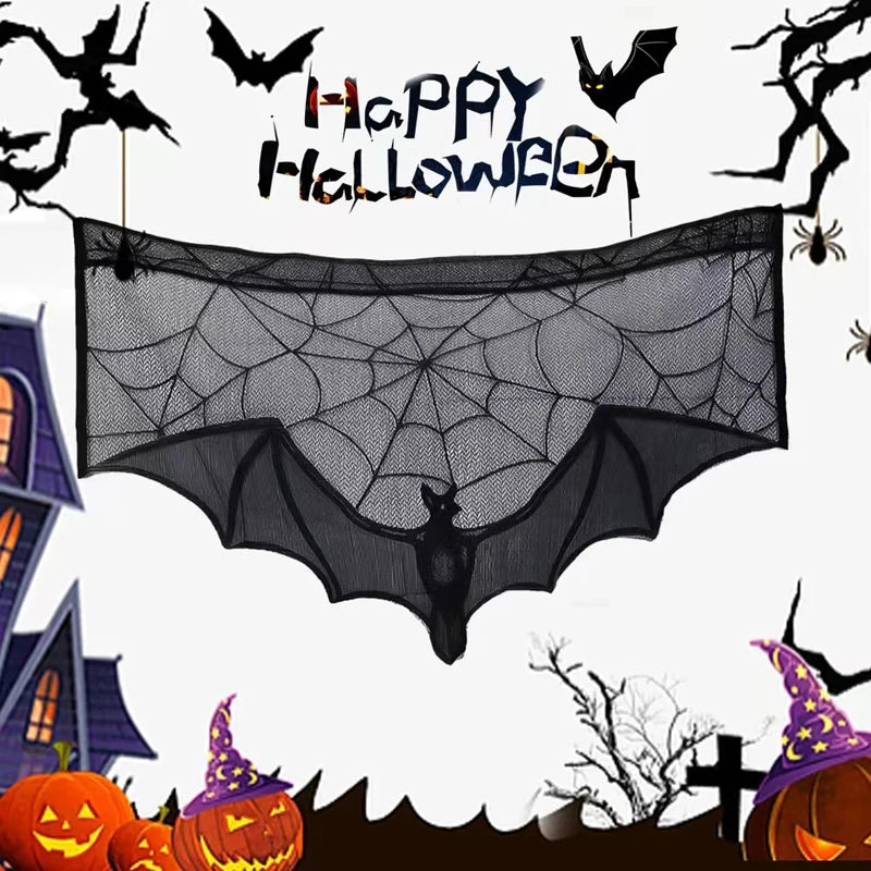 Halloween Lace Curtain Black Bat Spider Tablecloth Fireplace Mantel Cover Home Decor