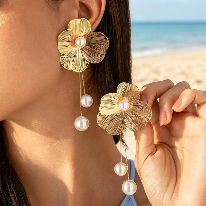Romantic Flower Petal Tassel Drop Earrings for Women with Imitation Pearl Hanging Jewelry Gift