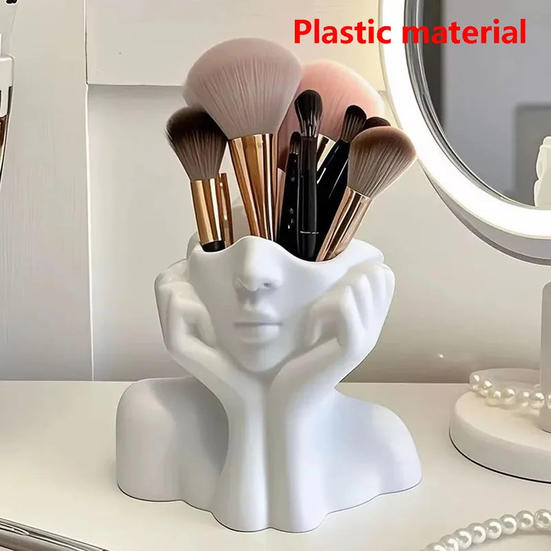 Human Face Makeup Brush Holder Desktop Organizer Vase for Cosmetics & Eyebrow Pencils