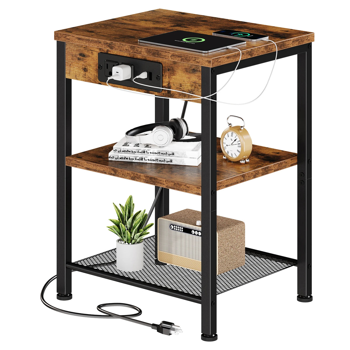 3-Tier Small Side Table with Charging Station - Adjustable Nightstand for Living Room & Bedroom