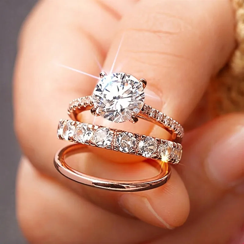 3-Piece Gold Color Zirconia Ring Set for Women - Fashion Finger Jewelry