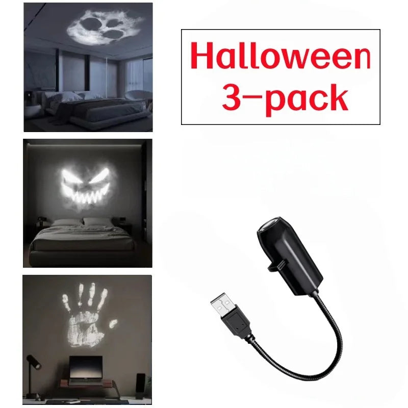 Halloween USB LED Projection Lamp 3/6 Patterns Ghost Bat Skeleton Spider Atmosphere Light