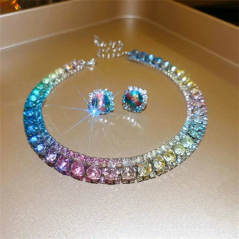 Colorful Crystal Necklace and Earrings Jewelry Set for Women Weddings Party