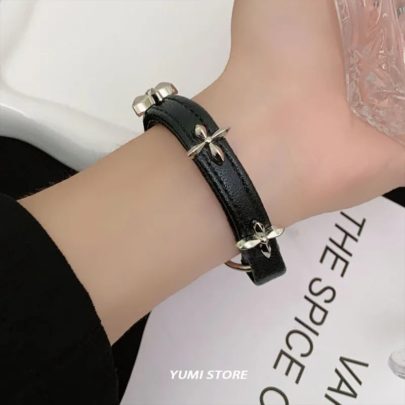 Vintage Cross Flower Leather Bracelet for Women Gothic Punk Adjustable Jewelry