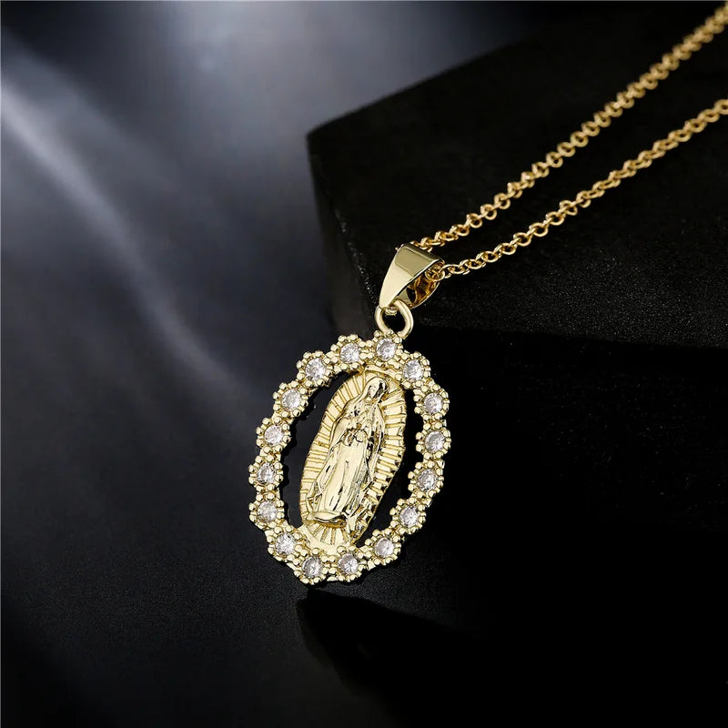 Stainless Steel Virgin Mary Necklace with CZ Stone - Gold Color Pendant for Men Women