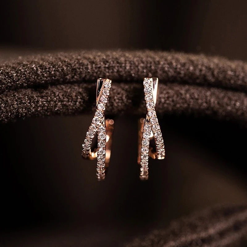Women Hoop Earrings Cross Design Rose Gold CZ Jewelry Elegant Party Accessory