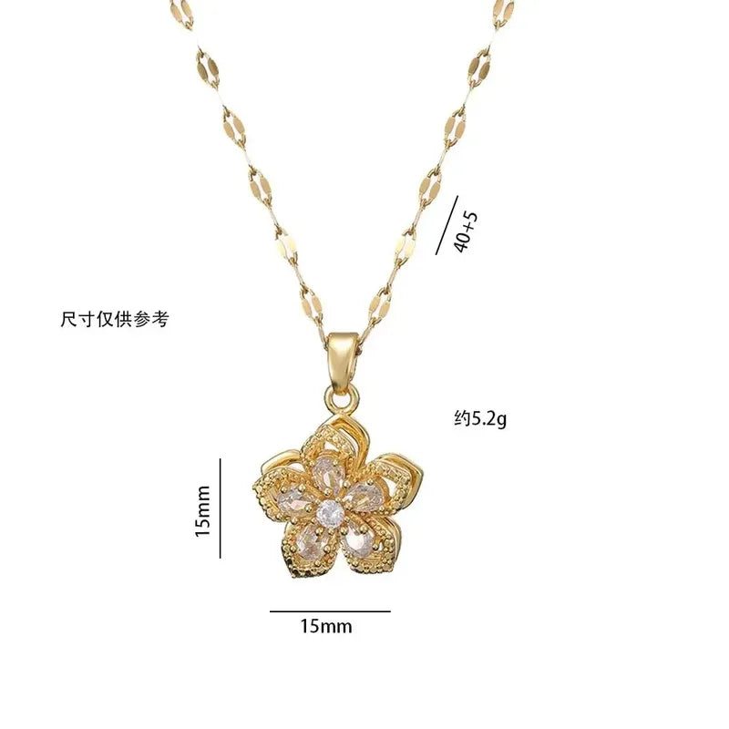 Luxury Zircon Flower Pendant Necklace for Women Gold Tone Chain Jewelry