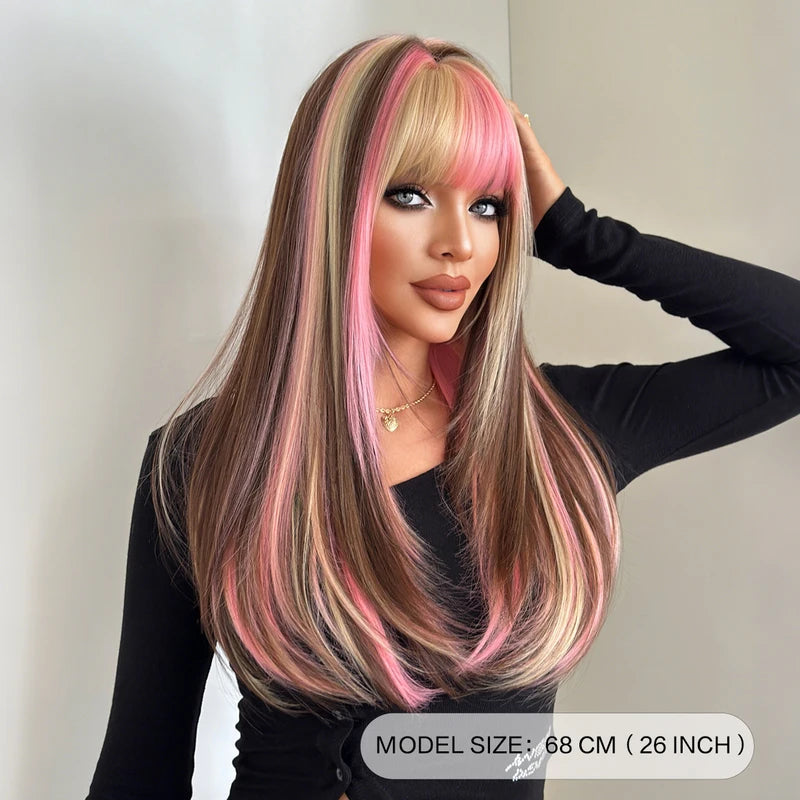 Colorful Long Straight Wig for Women with Bangs - Natural Look, Heat-Resistant Synthetic Hair
