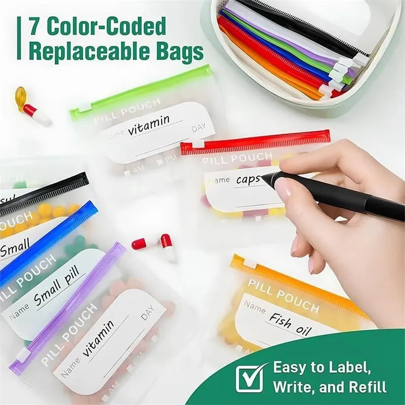 Waterproof Pill Pouch Set with Writable Labels - 14 Color-Coded Travel Medication Organizers