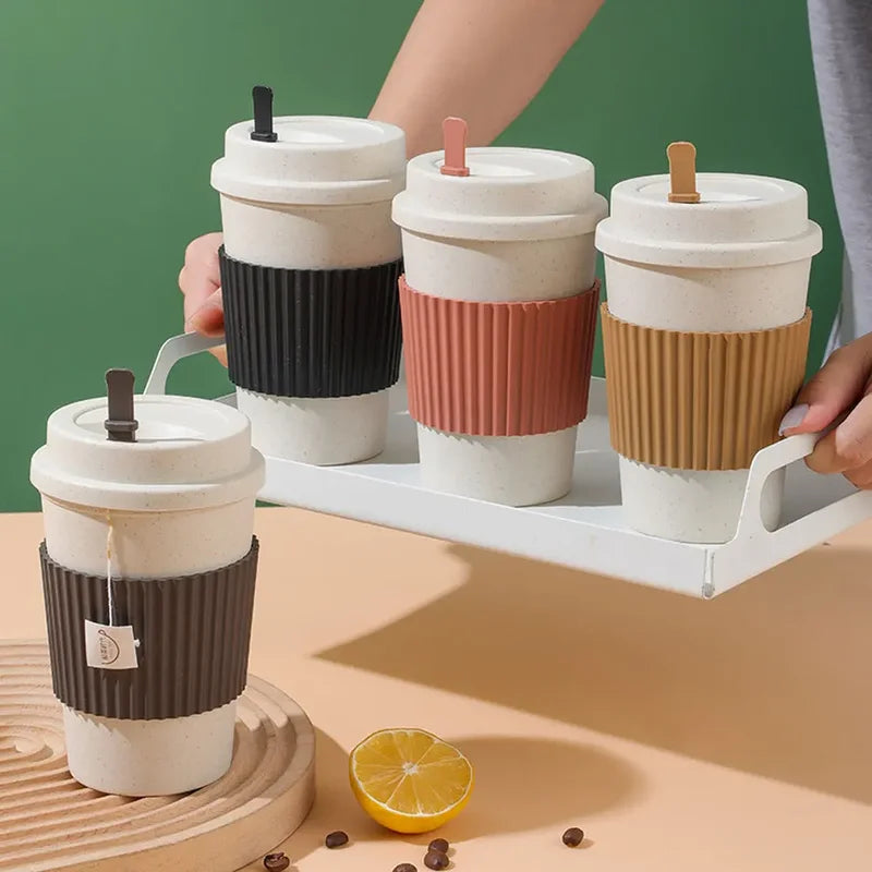 Reusable 450ml Wheat Straw Coffee Cup with Lid - Eco Travel Mug, Dishwasher Safe