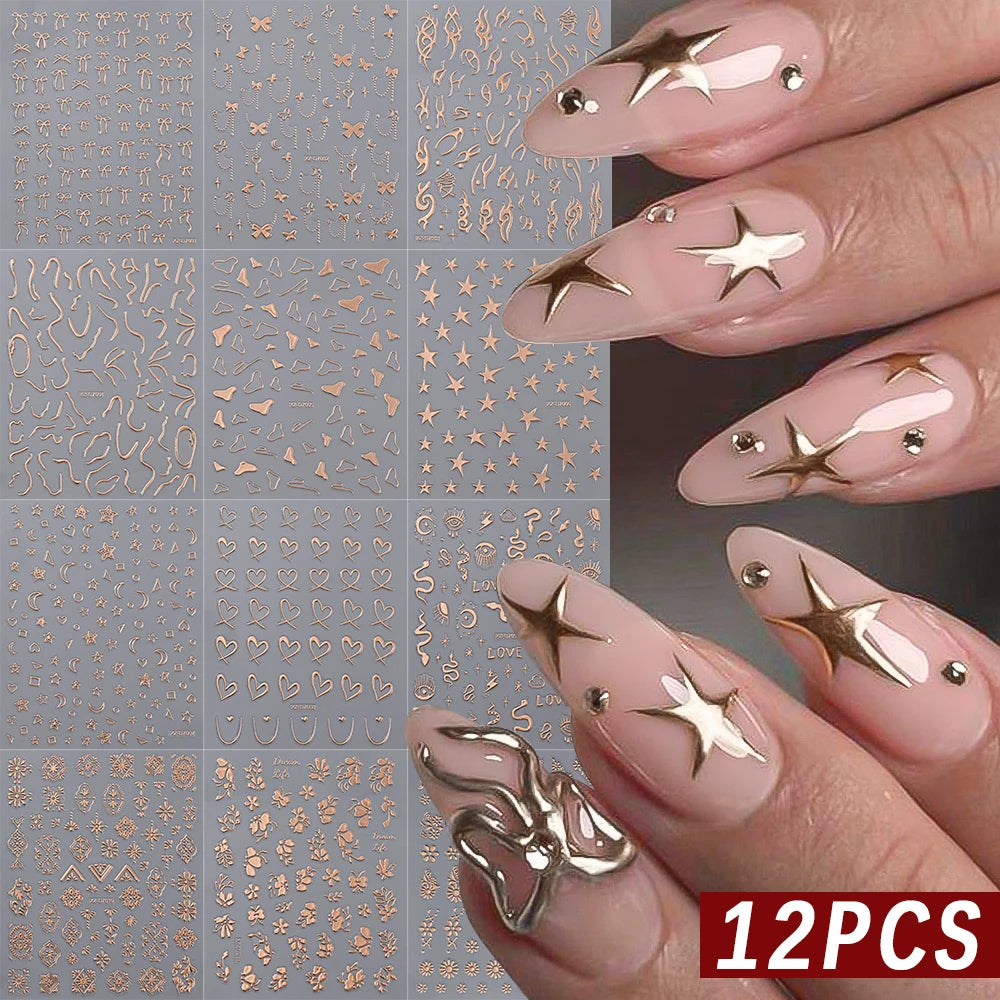 12pcs 3D Metallic Nail Stickers Chrome Stars Hearts Irregular Flames Self-Adhesive Manicure Decals