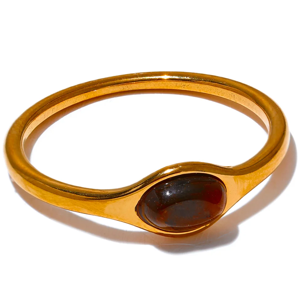 Minimalist Natural Stone Stainless Steel Gold Ring for Women Waterproof Jewelry Gift