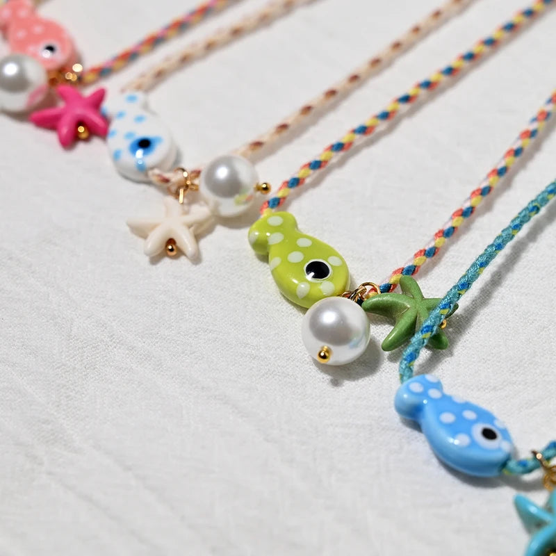 Colorful Bohemian Ceramic Fish Pendant Necklace for Women with Adjustable Rope Choker