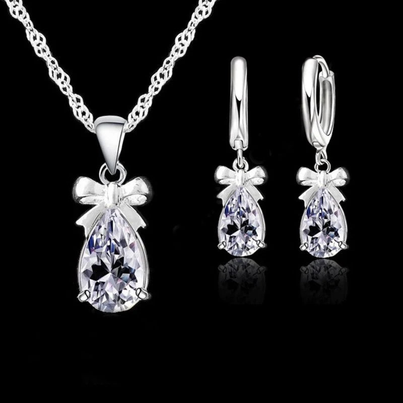 Sterling Silver Jewelry Set with Cubic Zirconia Dangle Earrings & Pendant Necklace