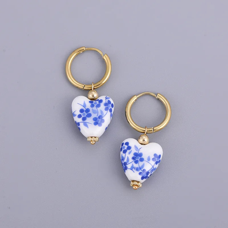 Blue & White Porcelain Teapot Pendant Earrings Vintage Ceramic Heart & Pearl Dangle Jewelry