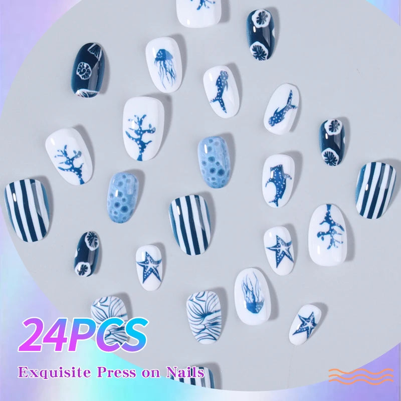 Oceanic Style Short Oval Whale & Star French Press Nails - 24 Pieces