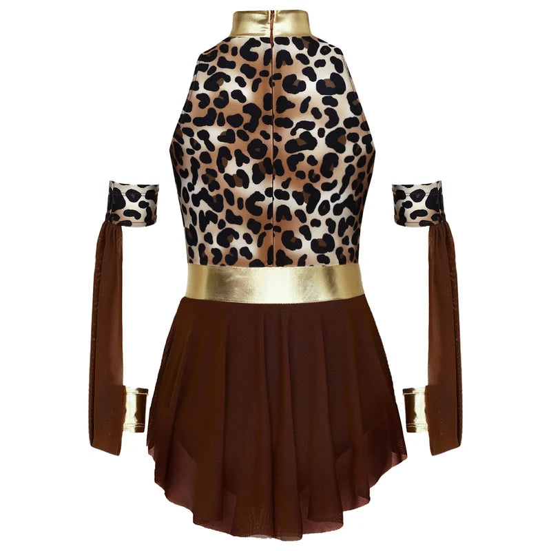 Kids Girls Prehistoric Cave Leopard Print Metallic Dress with Oversleeves Costume
