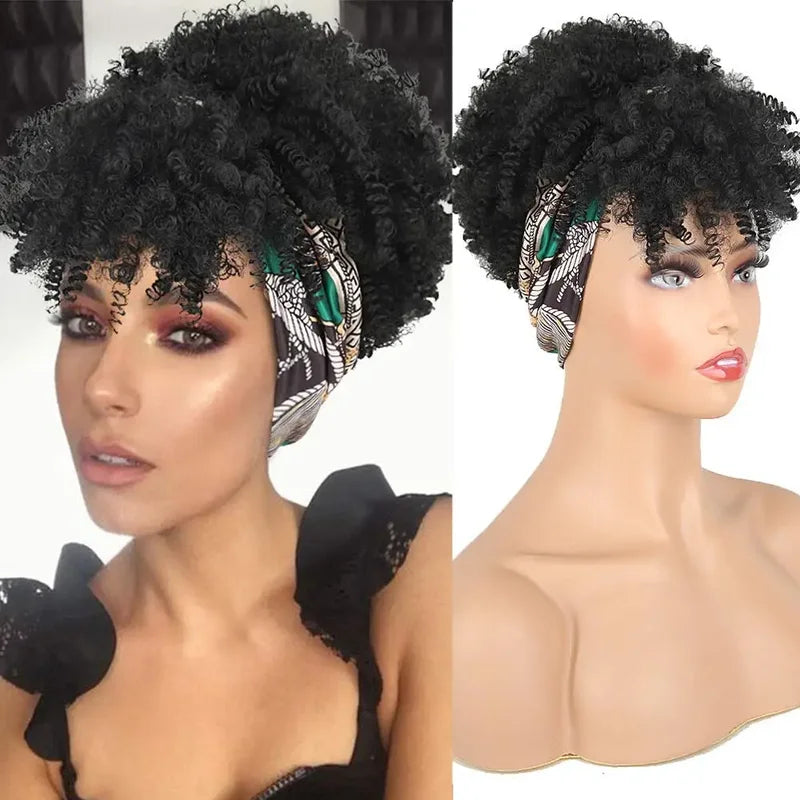 Black Women's Curly Hair Wig with Headscarf and Tassel - Short Synthetic African Style