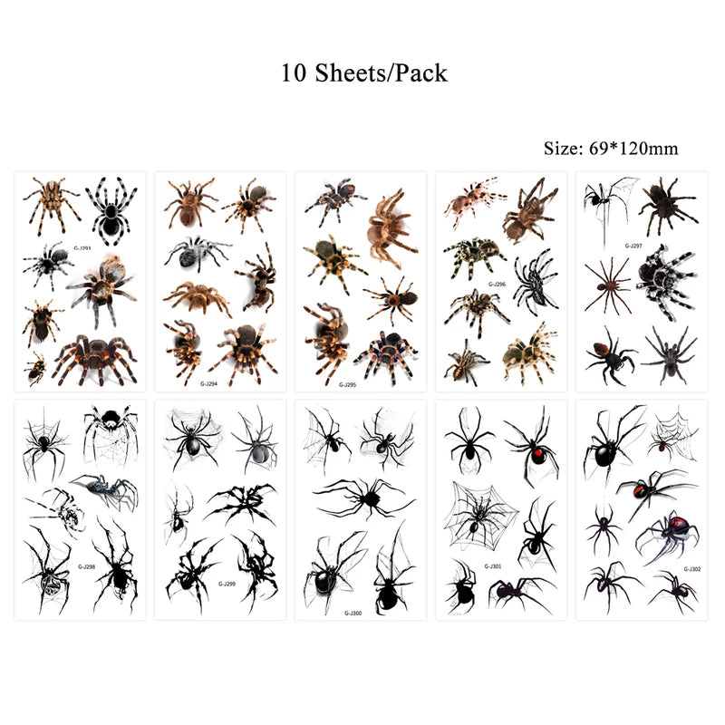 10PCS Waterproof Halloween Spider Temporary Tattoos for Body Art and Party Decorations