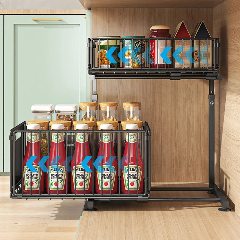 2-Tier Pull Out Cabinet Organizer Adjustable Kitchen Storage Rack for Under Sink