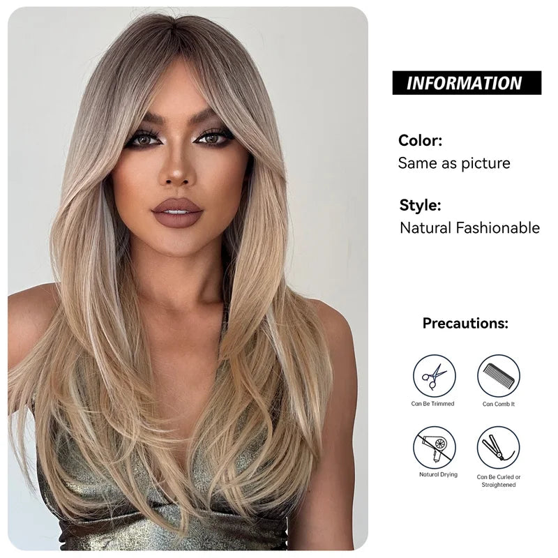 Long Straight Synthetic Wig with Bangs for Women - Blonde Platinum Highlight, Heat-Resistant, 24 Inch