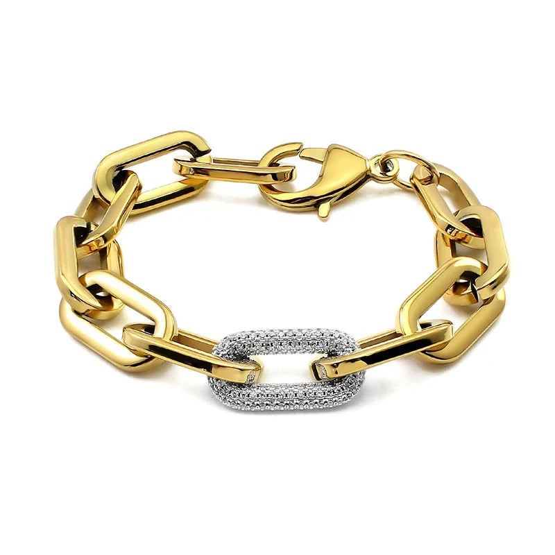 Fashion Women Chunky Chain Bracelets with Rhinestones - Stainless Steel Link Jewelry